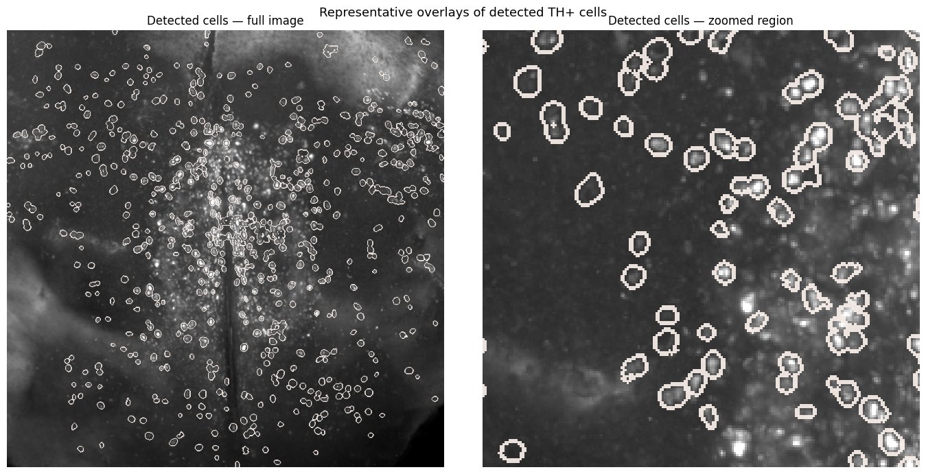Cellpose cell boundaries overlaid on the maximum-intensity projection: full image on the left, zoomed region on the right
