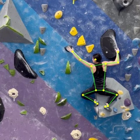 A climber on a bouldering wall with a pose skeleton drawn over her