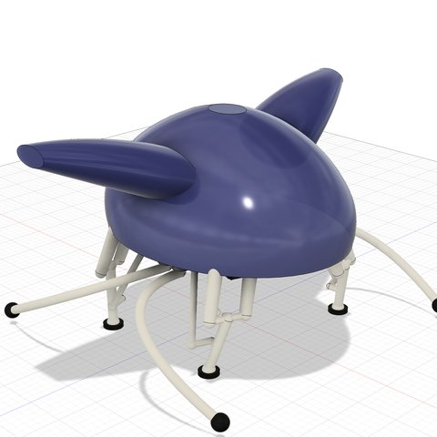 Fusion 360 render of Dumbo, a four-legged robot with a navy shell, ear fins and swept caster arms