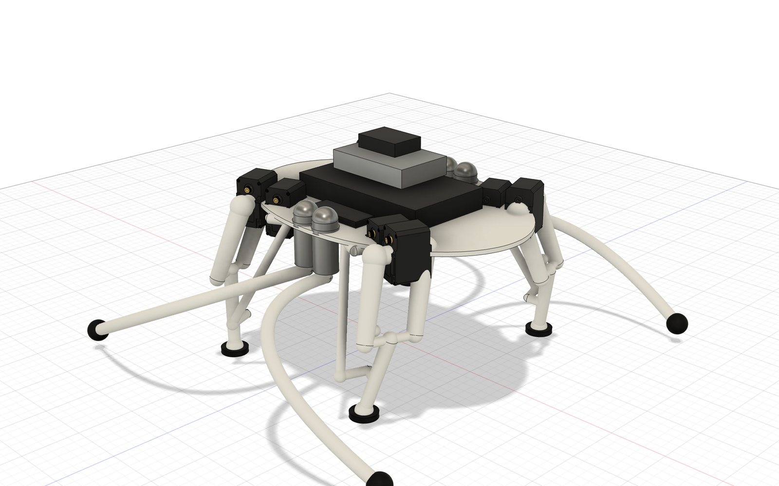 Dumbo endoskeleton with the shell removed: deck plate, battery, Raspberry Pi, servo controller and eight servos