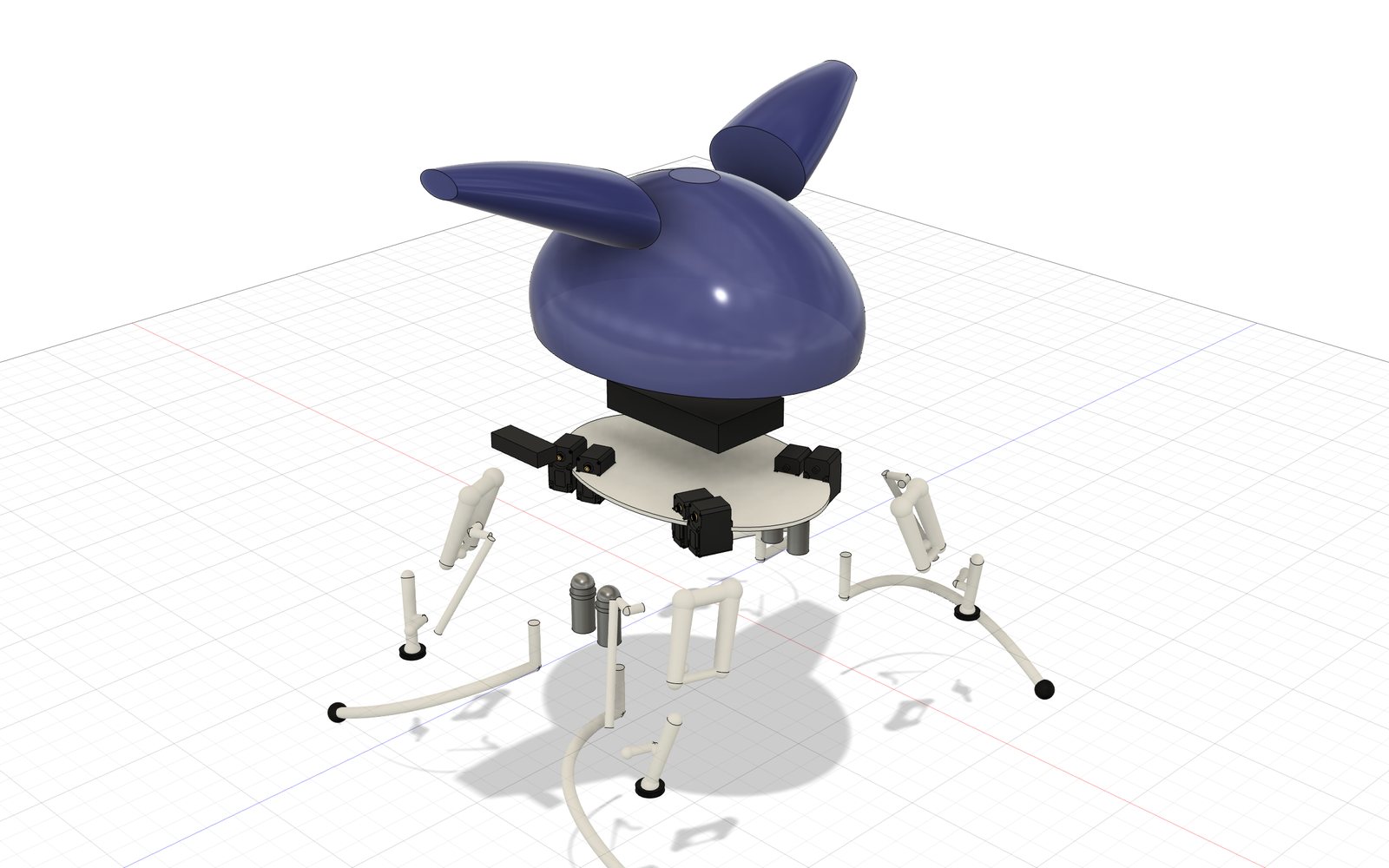 Exploded view of Dumbo: shell, electronics stack, deck, legs and caster arms