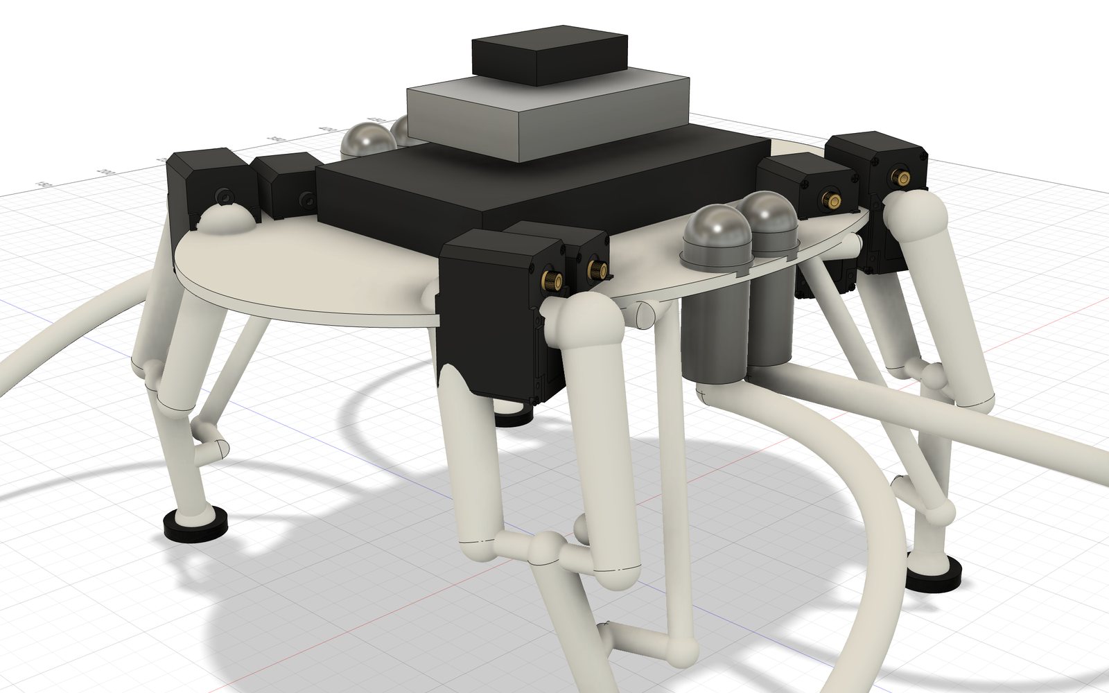 Close-up of a hip pod with its two LX-16A servos and the four-bar knee pushrod