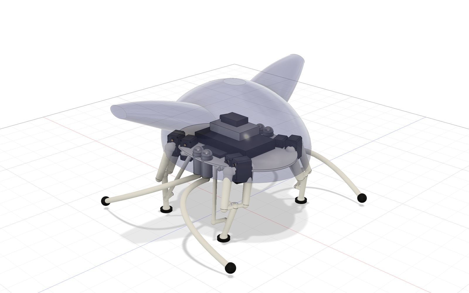 Dumbo with a transparent shell, showing the endoskeleton, hip pods and electronics inside