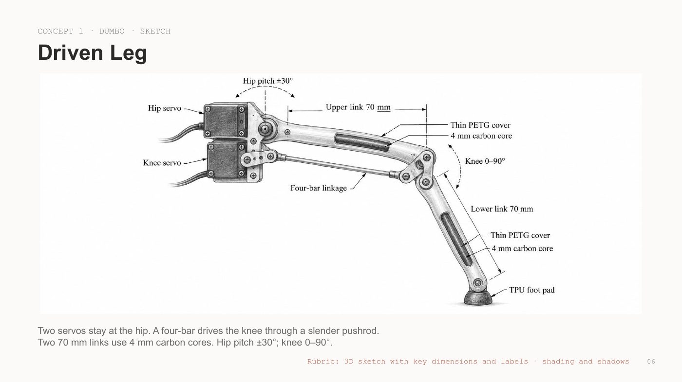 Dumbo driven leg: hip servos, four-bar knee linkage